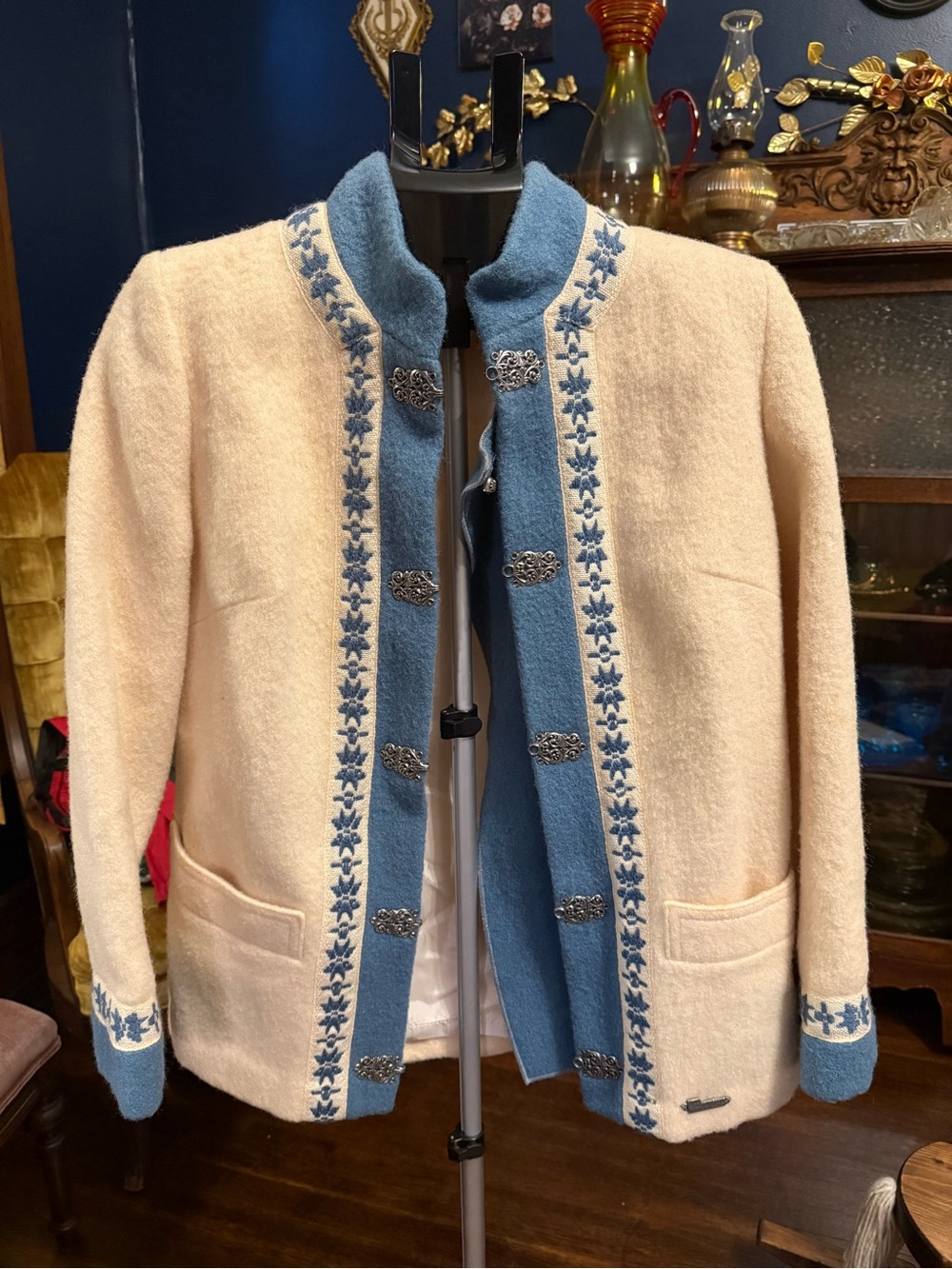 1970’s Fjord Cream and Blue Embroidered Wool Jacket With Ornate Pewter Clasps